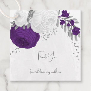 royal purple & white flowers silver wedding favour tags