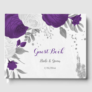 royal purple & white flowers silver wedding guest book