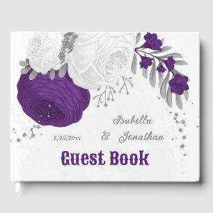 royal purple & white flowers silver wedding guest book