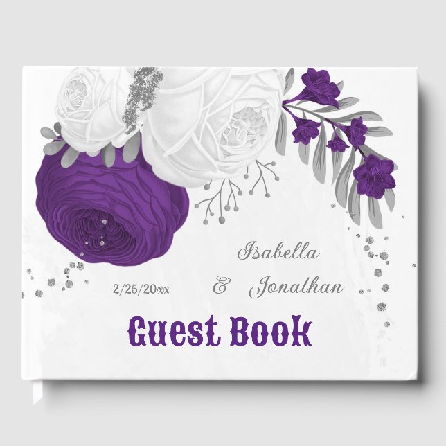 royal purple & white flowers silver wedding guest book (Front)