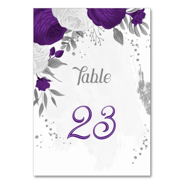 royal purple white flowers silver wedding table number (Front)