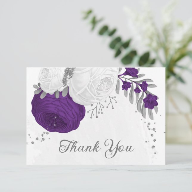royal purple & white flowers silver wedding thank you card (Standing Front)