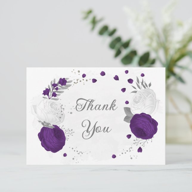 royal purple & white flowers silver wedding thank you card (Standing Front)