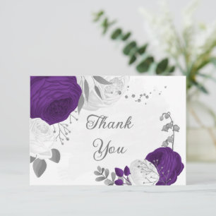 royal purple & white flowers silver wedding thank you card