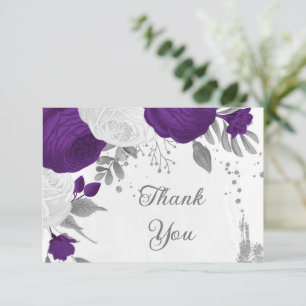 royal purple & white flowers silver wedding thank you card