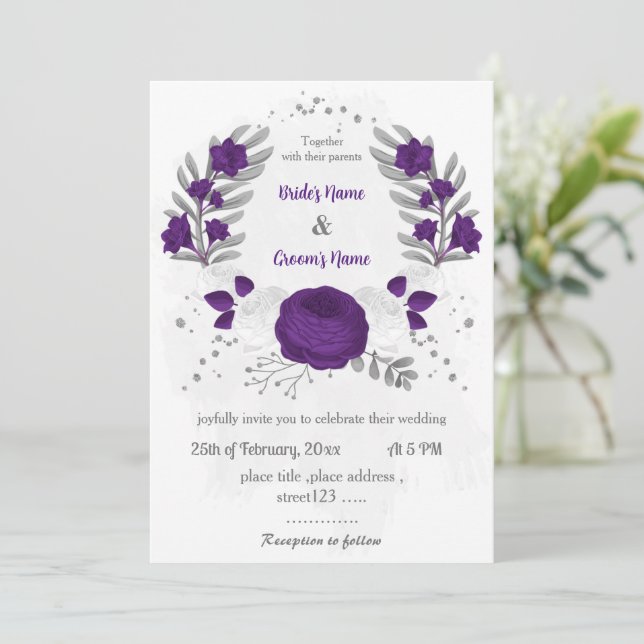 royal purple white flowers silver wreath wedding invitation (Standing Front)