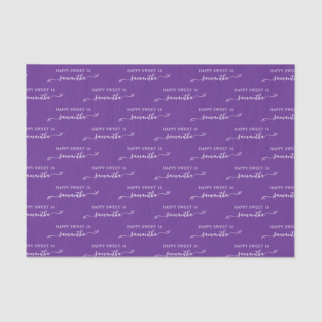 Royal Purple White Happy Sweet 16 Cute Bow Name Tissue Paper (Front)