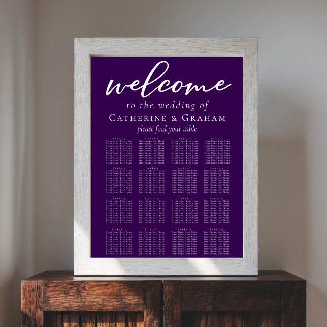 Royal Purple White Script Wedding Seating Chart (Creator Uploaded)