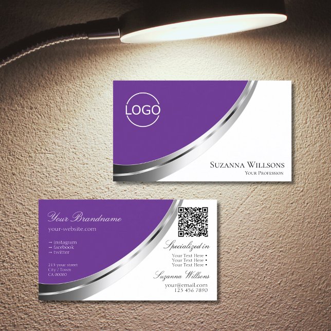 Royal Purple White Silver Decor Logo and QR-Code Business Card (Creator Uploaded)