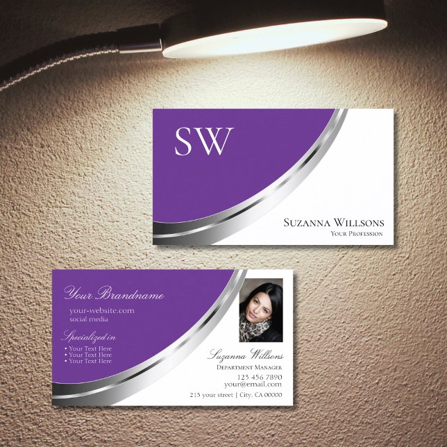 Royal Purple White Silver Decor Monogram and Photo Business Card (Creator Uploaded)