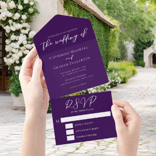 Royal Purple White Typography Personalised Wedding All In One Invitation