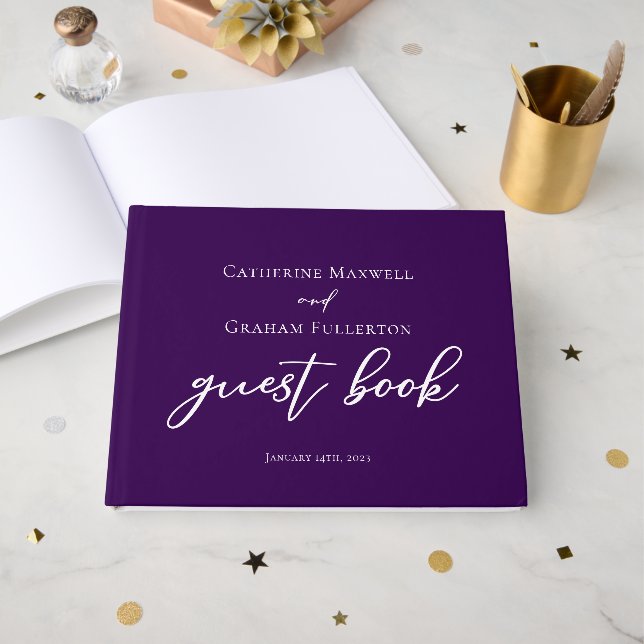 Royal Purple White Typography Personalised Wedding Guest Book (Front Open)