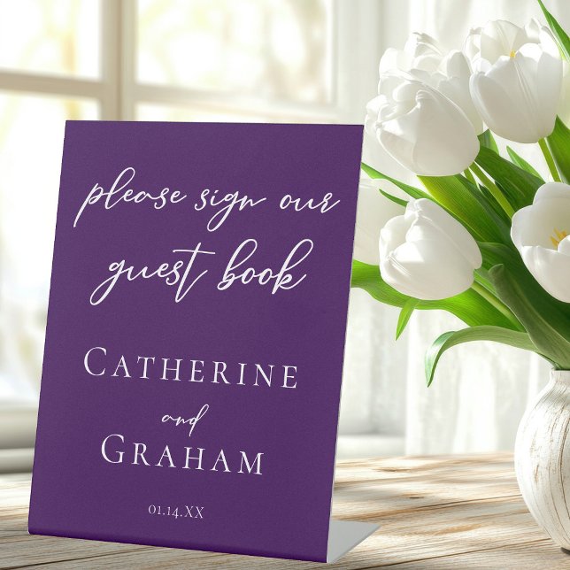 Royal Purple White Typography Wedding Guest Book Pedestal Sign (Creator Uploaded)