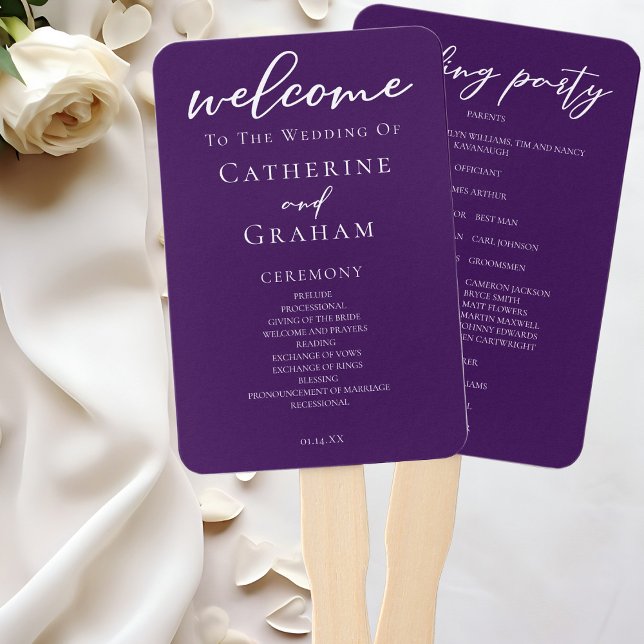 Royal Purple White Typography Wedding Program Hand Fan (Creator Uploaded)
