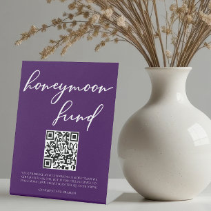 Royal Purple White Wedding Honeymoon Fund QR Code Pedestal Sign