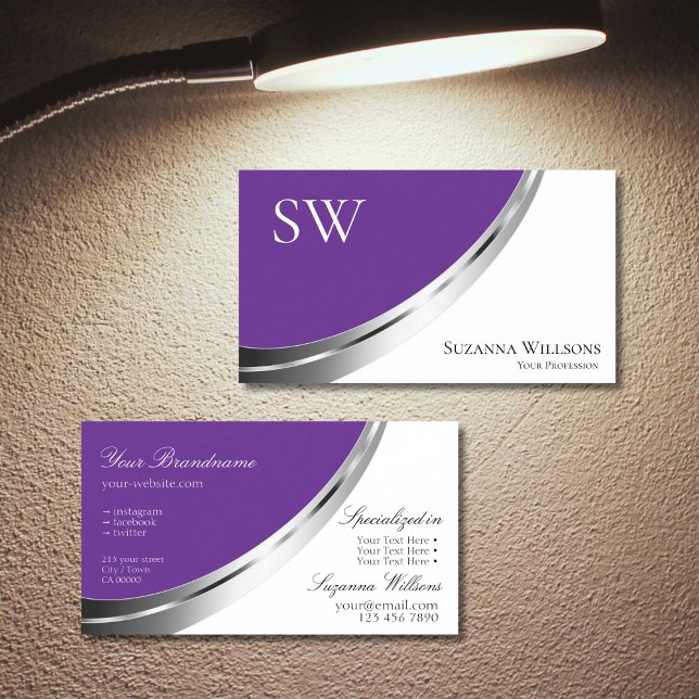 Royal Purple White with Silver Decor and Monogram Business Card (Creator Uploaded)