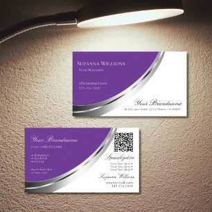 Royal Purple White with Silver Decor and QR-Code Business Card