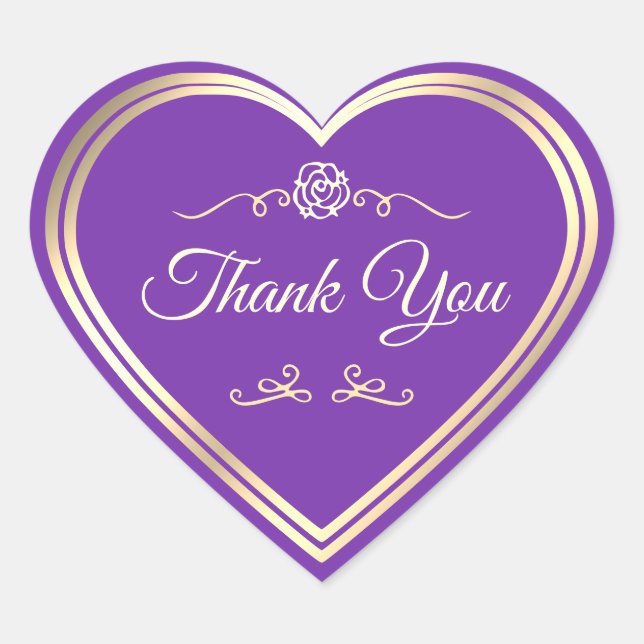 Royal Purple with Gold Shimmer Frame Thank You Heart Sticker (Front)