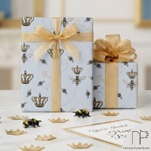 Royal Queen Bee Gold Crown Blue Wrapping Paper