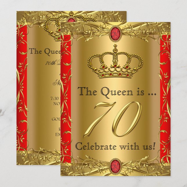 Royal Queen King Regal Red Gold 70th Birthday Invitation (Front/Back)