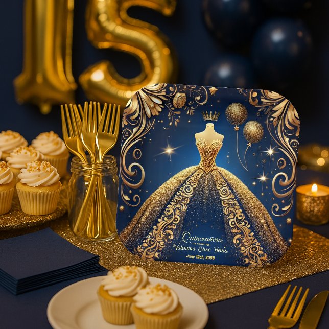 Royal Quinceañera Gold and Navy Princess Theme Paper Plate (Creator Uploaded)