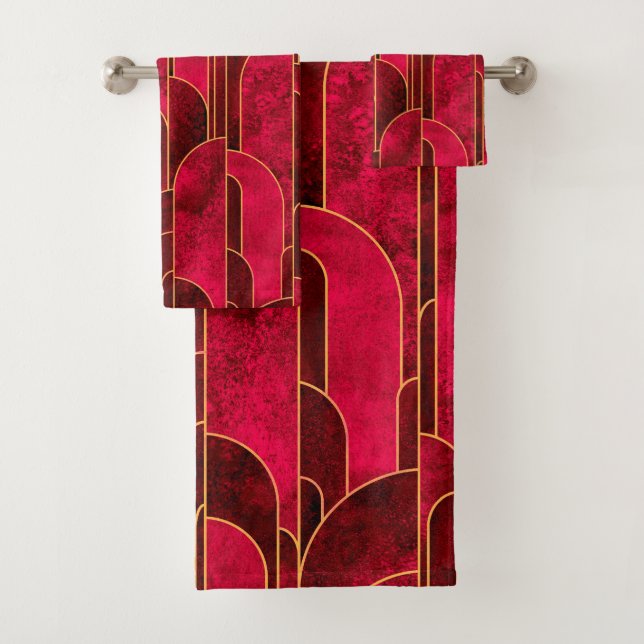 Royal Red and Gold Art Deco Pattern Bath Towel Set (Insitu)