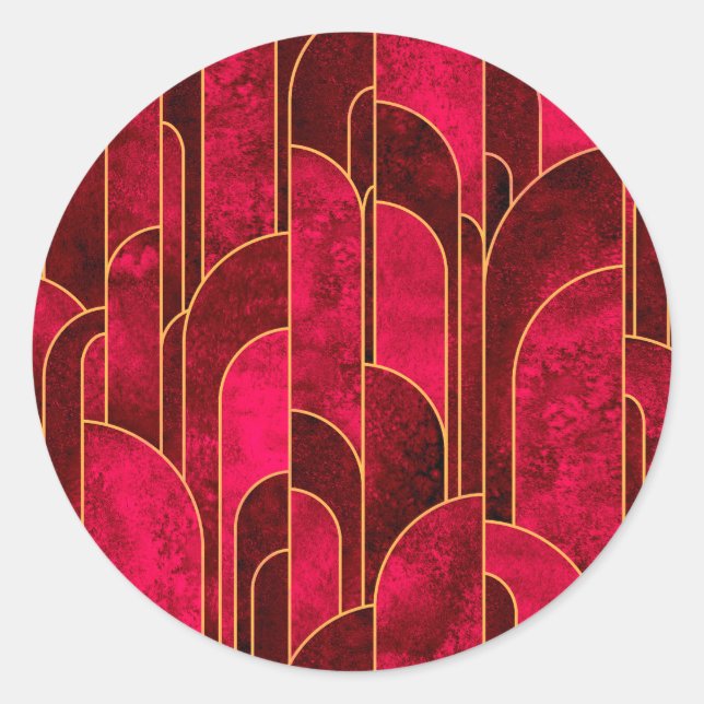 Royal Red and Gold Art Deco Pattern Classic Round Sticker (Front)