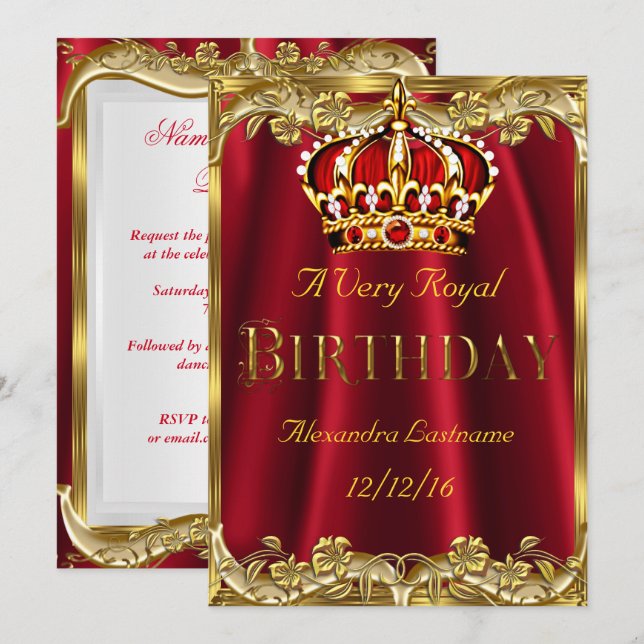 Royal Red Birthday party  Gold Crown Invitation (Front/Back)