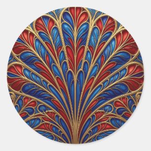 Royal Red Blue Gold Ornate Peacock Fan Pattern Classic Round Sticker