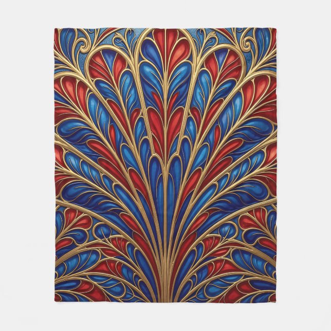 Royal Red Blue Gold Ornate Peacock Fan Pattern Fleece Blanket (Front)
