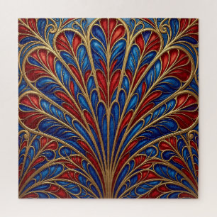 Royal Red Blue Gold Ornate Peacock Fan Pattern Jigsaw Puzzle