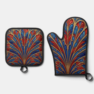 Royal Red Blue Gold Ornate Peacock Fan Pattern Oven Mitt & Pot Holder Set