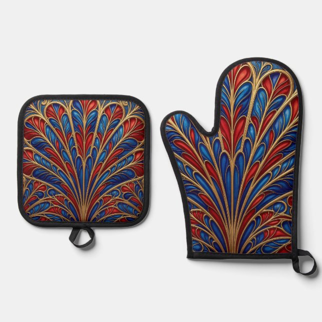 Royal Red Blue Gold Ornate Peacock Fan Pattern Oven Mitt & Pot Holder Set (Front)