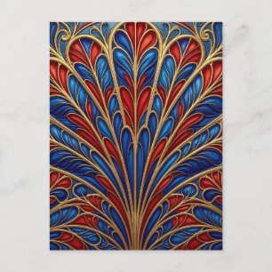 Royal Red Blue Gold Ornate Peacock Fan Pattern Postcard