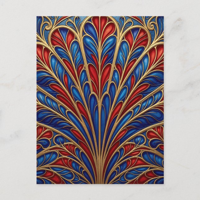 Royal Red Blue Gold Ornate Peacock Fan Pattern Postcard (Front)