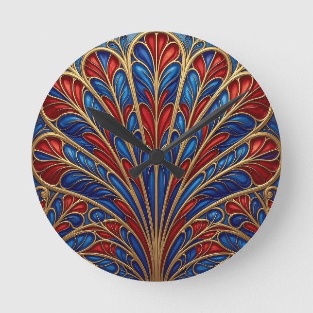 Royal Red Blue Gold Ornate Peacock Fan Pattern Round Clock (Front)