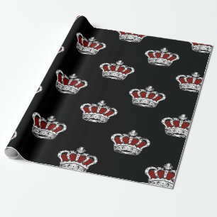 Royal Red Crown Pattern on Sleek Black Background Wrapping Paper