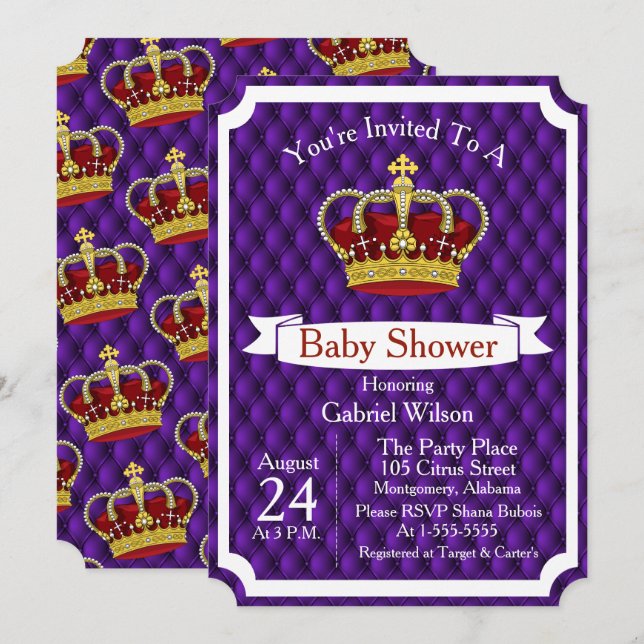 Royal Red Crown & Purple Regal Baby Shower Invitation (Front/Back)