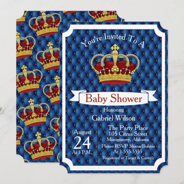 Royal Red Crown & Royal Blue Regal Baby Boy Shower Invitation (Front/Back)