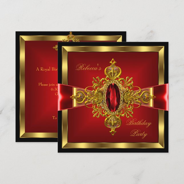 Royal Red Diamond Gold Bow Black Birthday Party Invitation (Front/Back)