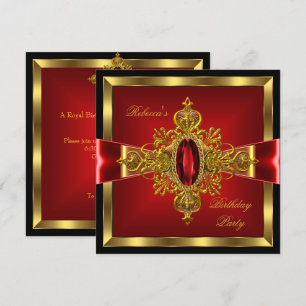 Royal Red Diamond Gold Bow Black Birthday Party Invitation