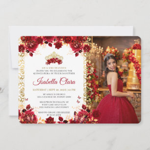 Royal Red Floral Gold Arch Photo Quinceanera Invitation