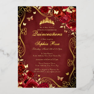 Royal Red Floral Gold Swirl Butterfly Quinceanera