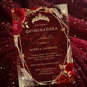 Royal Red Floral Rose Gold Tiara Quinceanera 