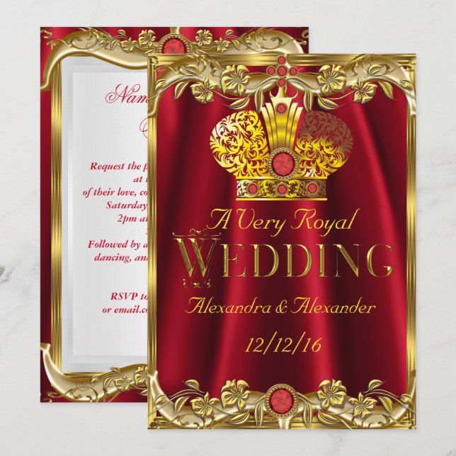 Royal Red Gems Wedding Gold Crown Invitation (Front/Back)