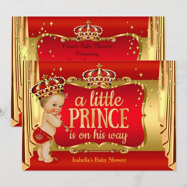 Royal Red Gold Boy Prince Baby Shower Blonde Invitation (Front/Back)