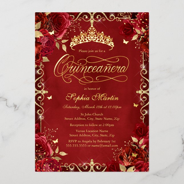 Royal Red Gold Butterfly Rose Quinceanera (Front)