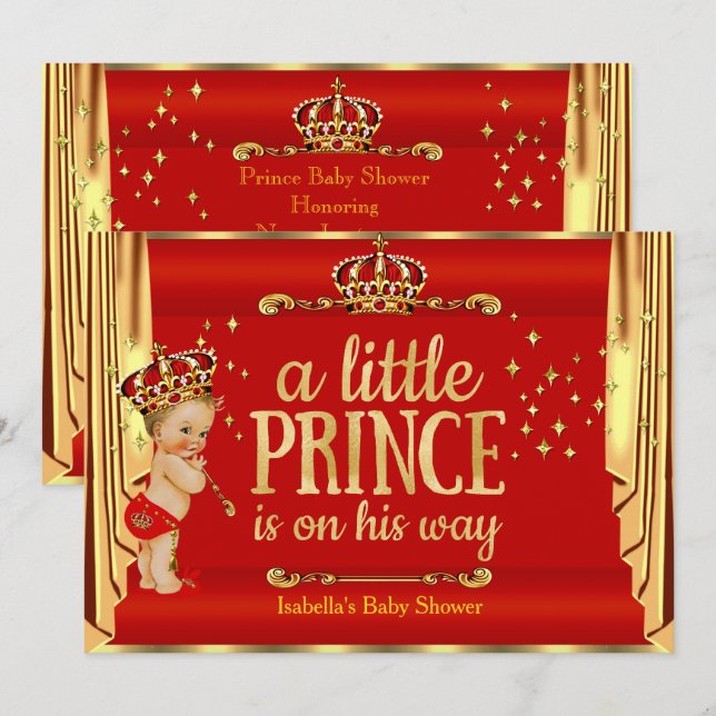Royal Red Gold Drapes Prince Baby Shower Blonde Invitation (Front/Back)