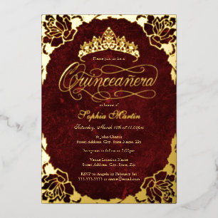 Royal Red Gold Elegant Rose Script Quinceanera 