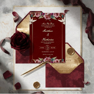 Royal Red & Gold Floral Dove Wedding Invite